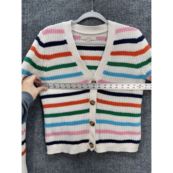 LOFT Chunky Knit Button Cardigan Womens Medium Cream Multicolor Striped V Neck - Picture 8 of 9